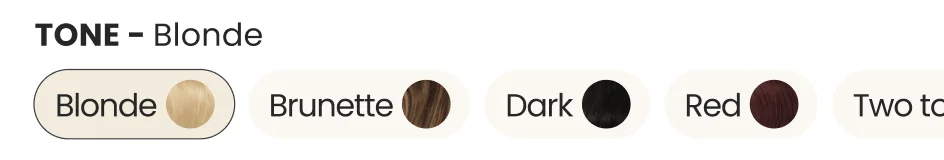 Selector de tono con botones de texto: Blonde, Brunette, Dark, Red