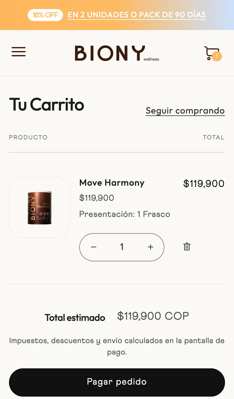 Carrito de Biony en el teléfono: producto, cantidad, total y botón de pago