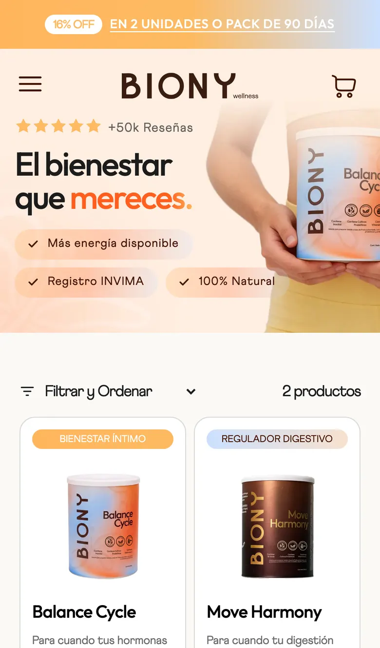 Colección de Biony en el teléfono: filtros y tarjetas de producto con su beneficio