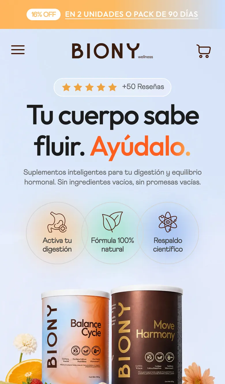 Inicio de la tienda de Biony en el teléfono: titular, beneficios del producto y reseñas
