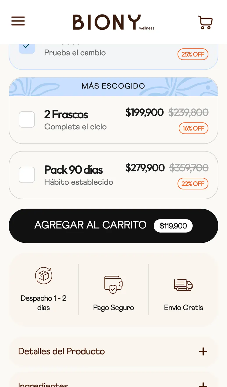 Ofertas de Biony en el teléfono: packs con su ahorro, botón de compra y garantías de envío y pago